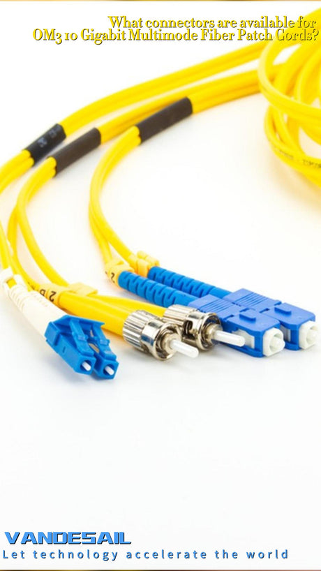 What connectors are available for OM3 10 Gigabit Multimode Fiber Patch Cords?